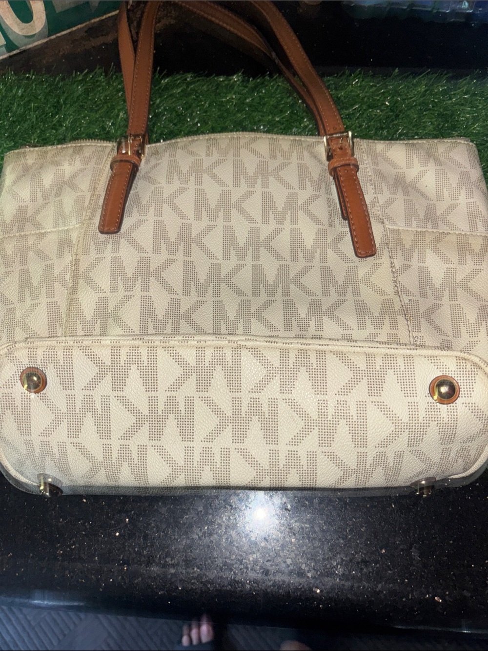Michael Kors Beige MK Monogram Tote with Brown Leather Straps shoulder bag